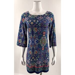 Laundry Shelli Segal Dress Size XS Blue Green Colorful Bell Sleeve Cutout Back